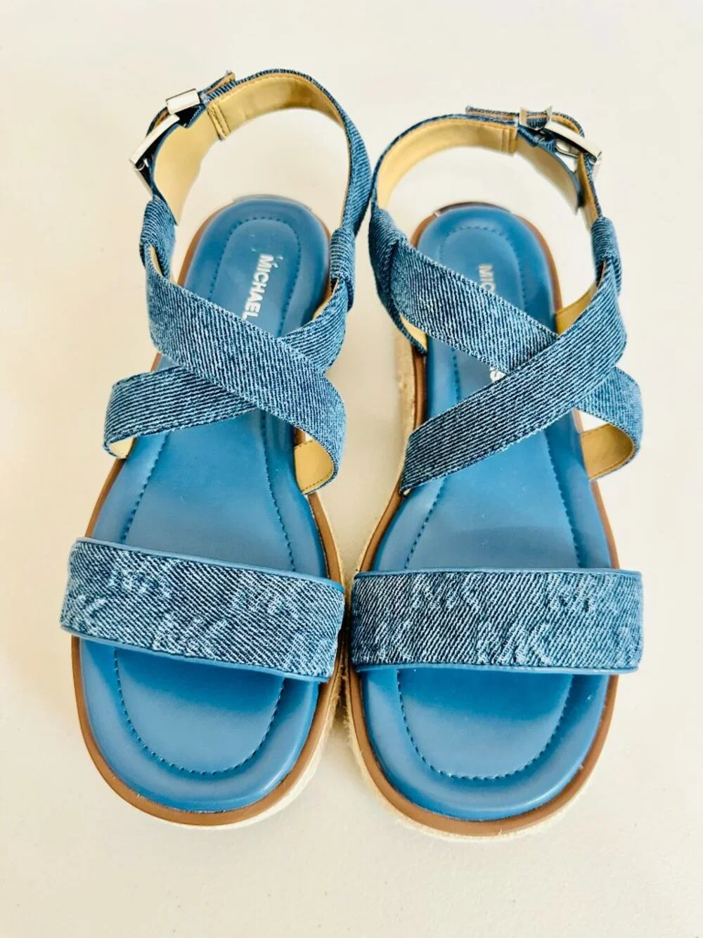 NEW MICHAEL KORS DENIM STRAPPY PLATFORM SANDALS 7.5M